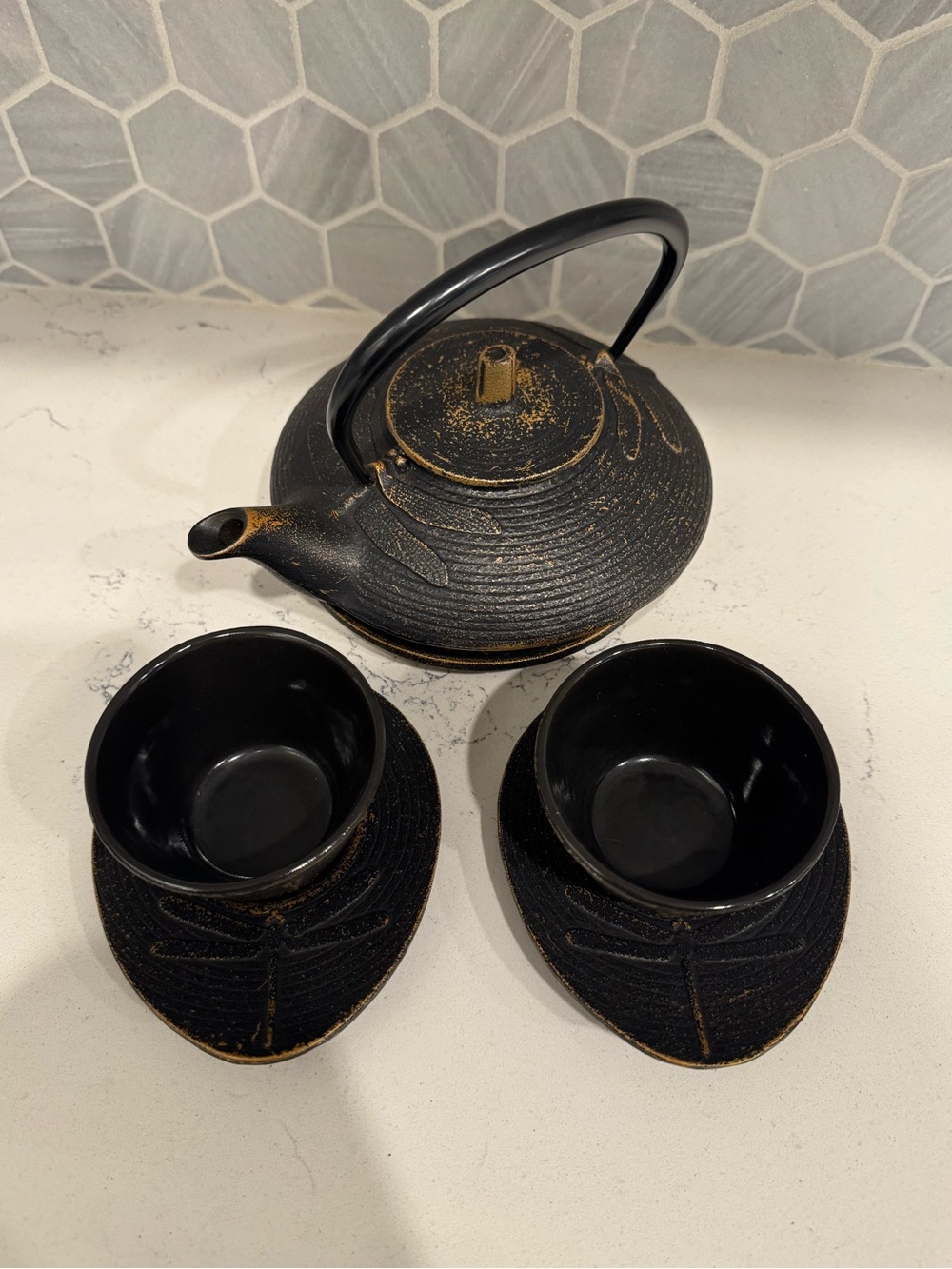 Teavana Iwachu Cast Iron Dragonfly Tea Set Teapot Cups Saucers Japan 6 Piece Set